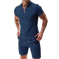 Men's Summer Casual Waffle Suit Set – Zipper Lapel Top & Drawstring Shorts (2-Piece Set)