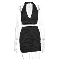 Divine Elegance: Women's Halter Lace-Up Top & Pleated Skirt Dress Suit