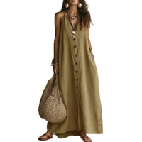 Women's Lightweight Cotton-Linen Maxi Dress – Effortless Summer Style with Button Front