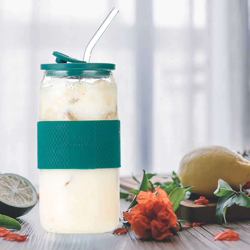 Aesthetic Ribbed Glass Can Tumbler with Bamboo Lid & Glass Straw
