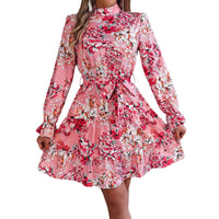Elegant Floral Print A-Line Midi Dress with Standing Collar & Long Sleeves – Romantic & Flattering