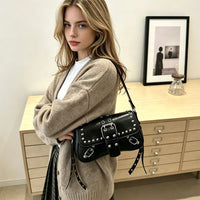 Retro Faux Leather Underarm Bag – Studded Shoulder Bag with Buckles for Women