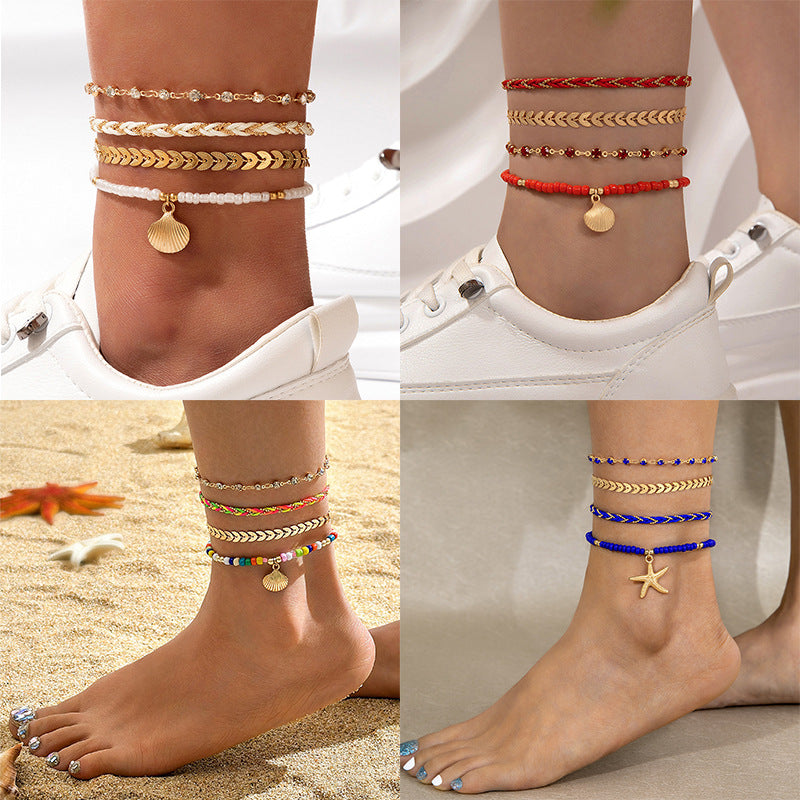 4pcs Set Bohemian Woven Rope Foot Chain For Men And Women Geometric Alloy Black Beads Dropping Oil Anklet Set Summer Fashion Jewelry What Else You Got?