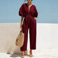 Women's V-Neck Cotton-Linen Jumpsuit – Breathable Summer Chic & Timeless Elegance