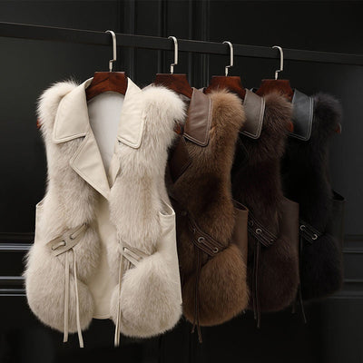 Women’s Faux Fur Vest – Sleeveless Winter Layering Coat in Milk Tea & Camel