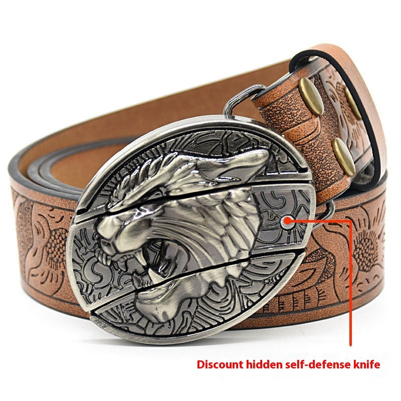 Christian Trendy Belt with Engraved Knife Buckle - Embossed PU Leather Belt for Men