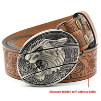 Christian Trendy Belt with Engraved Knife Buckle - Embossed PU Leather Belt for Men
