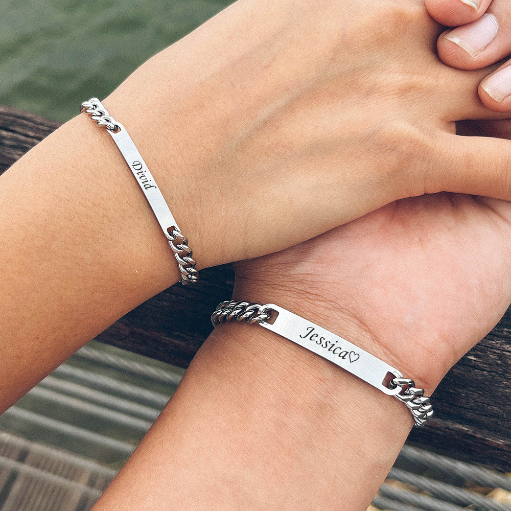 Elegant Engraved Titanium Steel Lovers' Day 18K Gold Plated Couple Bracelet - Perfect Gift for Him & Her