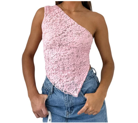 Ins Lace Backless Top Summer Solid Color Waistless Asymmetrical Sloped Neck Vest Streetwear Womens Clothes What Else You Got?