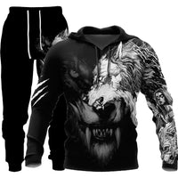 Bold 3D Wolf Print Tracksuit - Men's Hooded Jogging Set for Fitness & Streetwear
