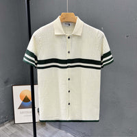 Women's Striped Hollow-Knit Cardigan – Short Sleeve Asymmetric Sweater