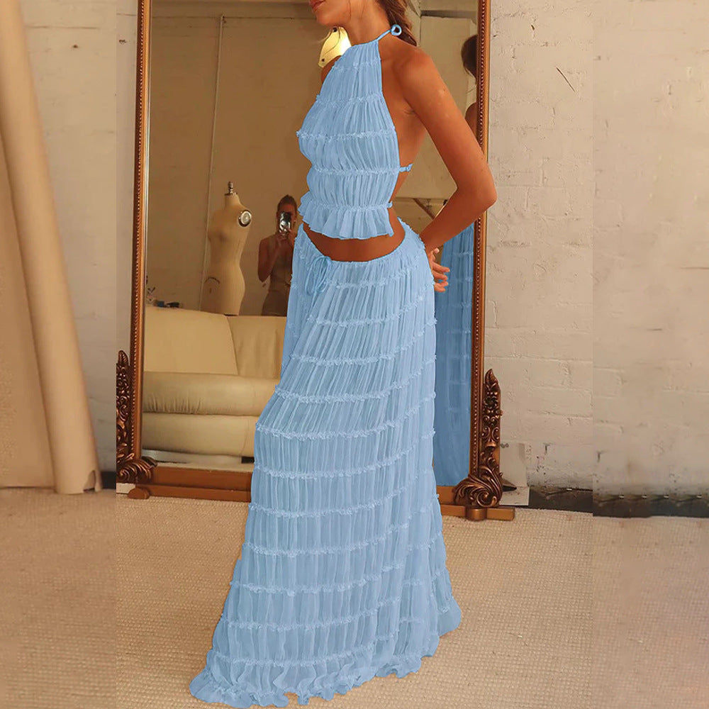2pcs Women's Dress Suit Sexy Sleeveless Backless Cropped Halter Top And Pleated Long Skirt Beach Clothing What Else You Got?