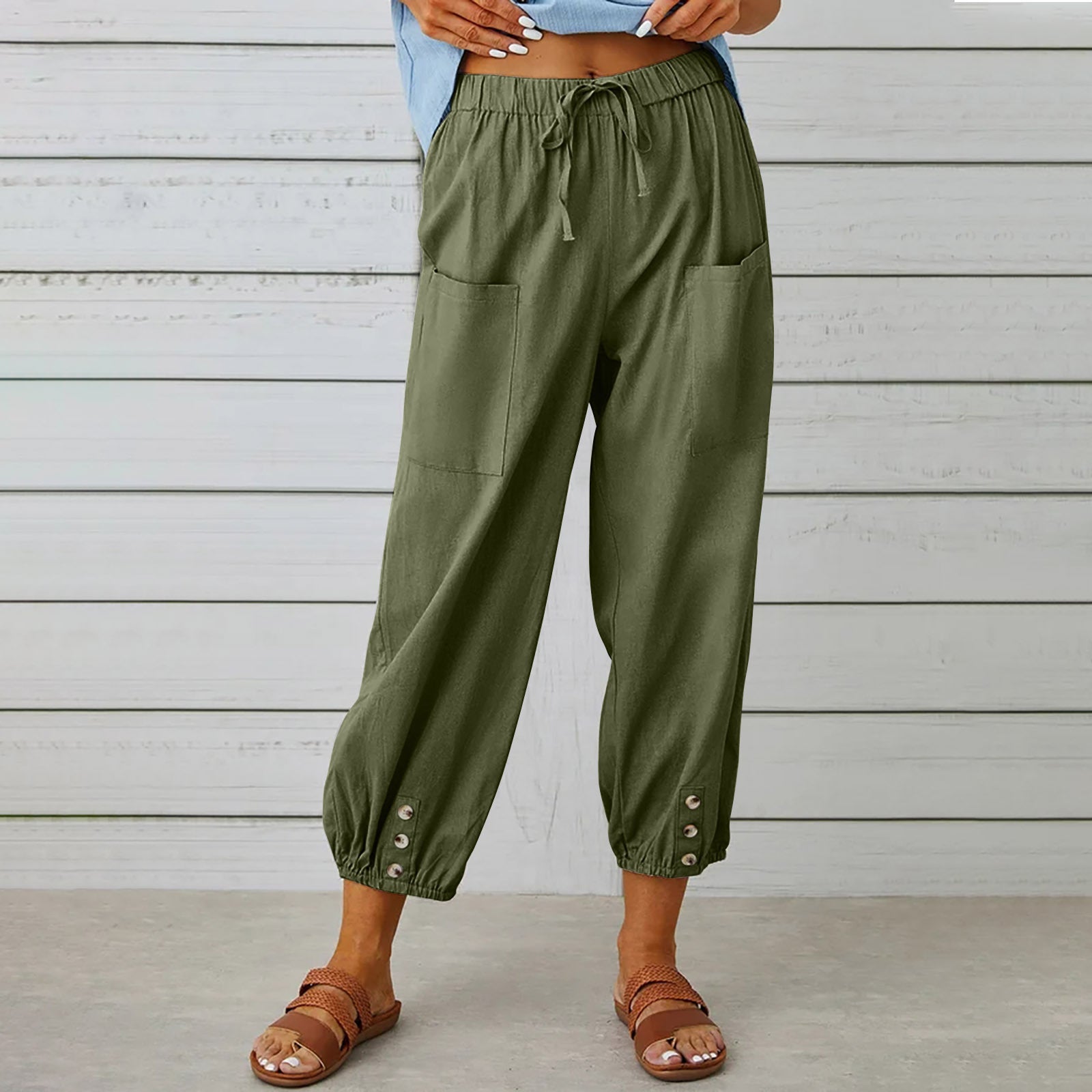 Women Drawstring Tie Pants Spring Summer Cotton And Linen Trousers With Pockets Button What Else You Got?