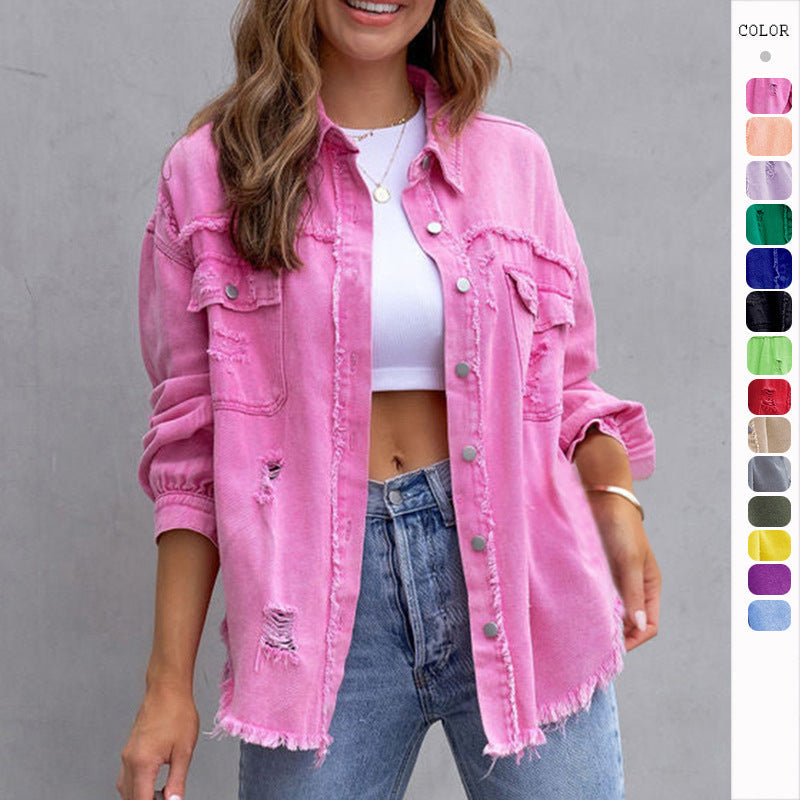 Stylish Ripped Denim Jacket for Women - Trendy Casual Top in Multiple Colors