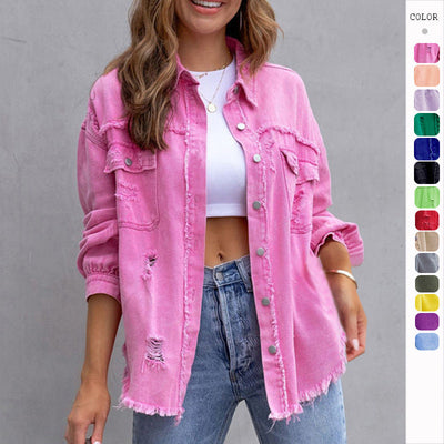 Stylish Ripped Denim Jacket for Women - Trendy Casual Top in Multiple Colors