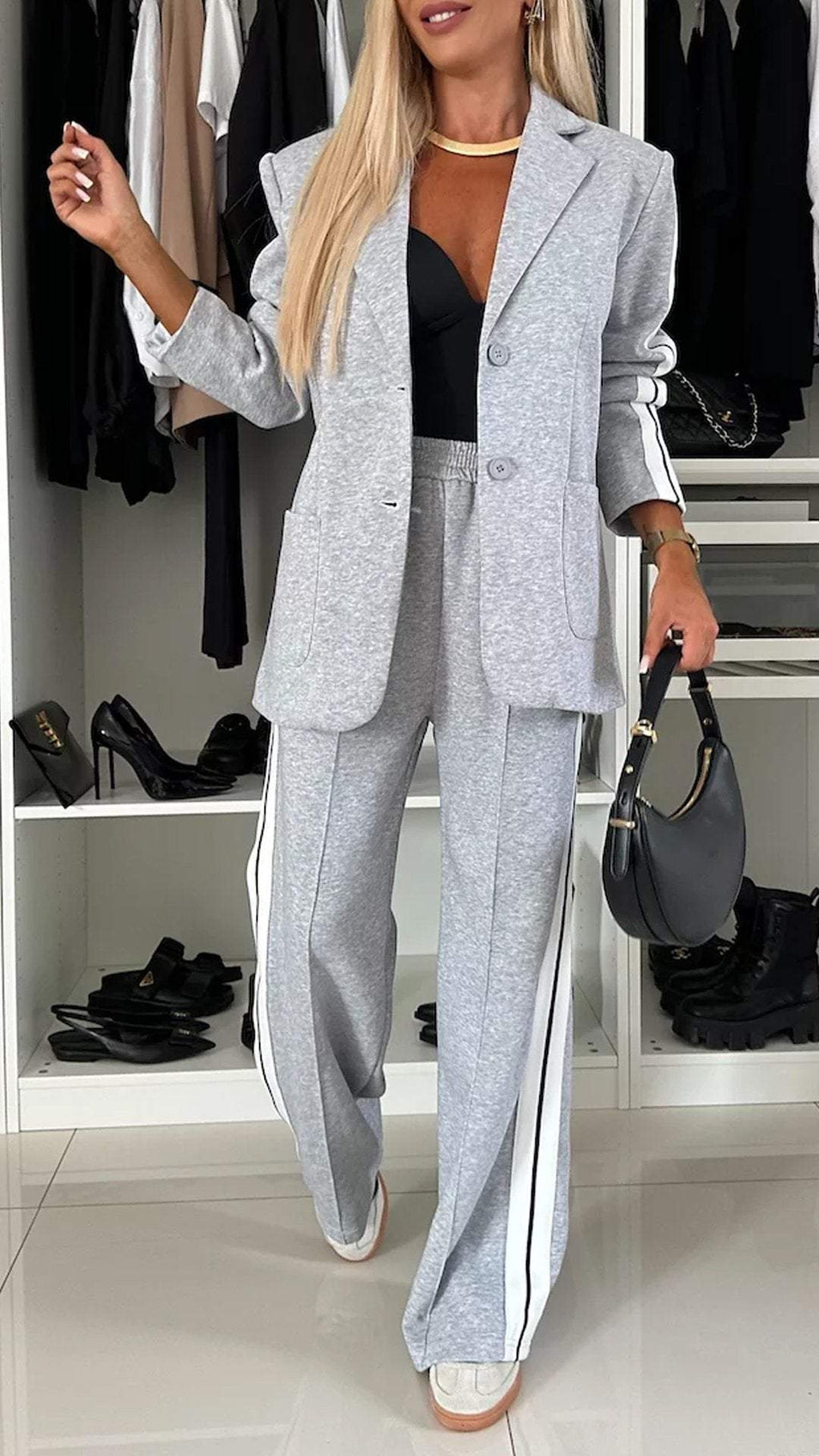 Women's Casual Suit Lapel Single-breasted Jacket And Striped Straight Pants Fashion Sports Trousers Suit Outerwears Clothing What Else You Got?