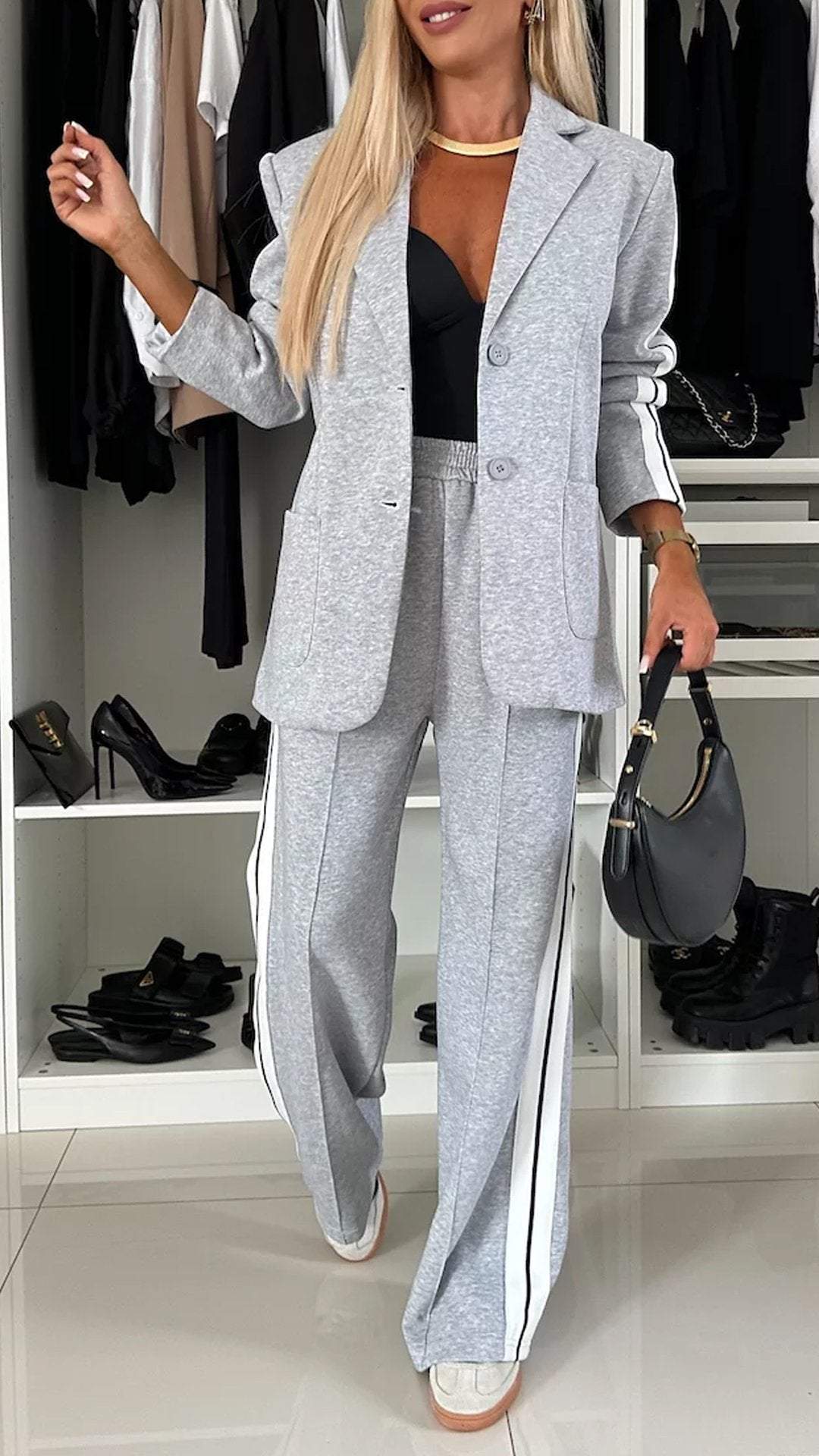 Women's Casual Suit Lapel Single-breasted Jacket And Striped Straight Pants Fashion Sports Trousers Suit Outerwears Clothing What Else You Got?