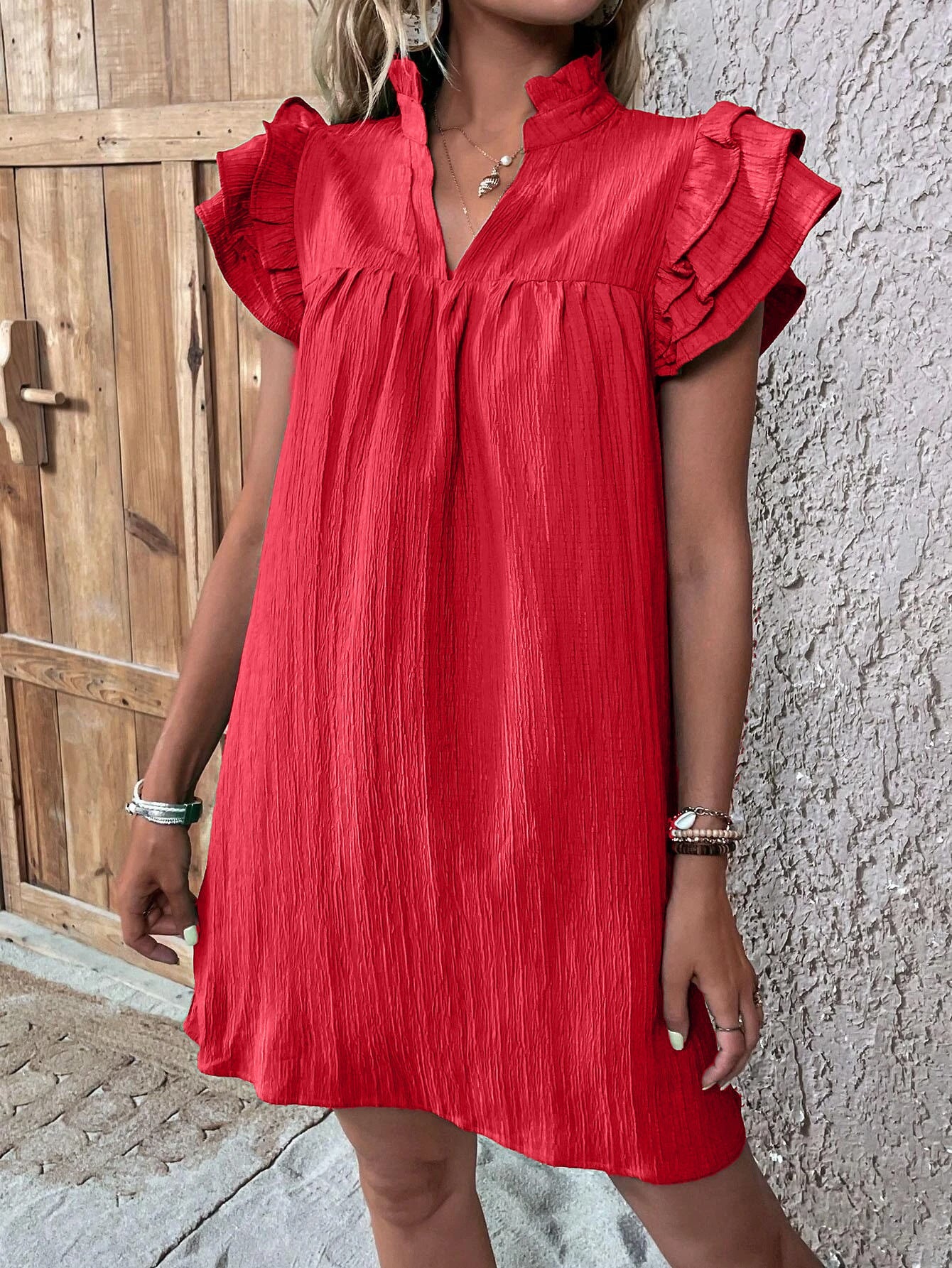 Casual Women's Multi-layer Ruffle Sleeve V-neck Dress Summer Fashion Versatile Multi-layer Lotus Leaf Sleeve V-Neck Pullover Dresses What Else You Got?