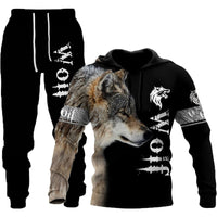 Bold 3D Wolf Print Tracksuit - Men's Hooded Jogging Set for Fitness & Streetwear