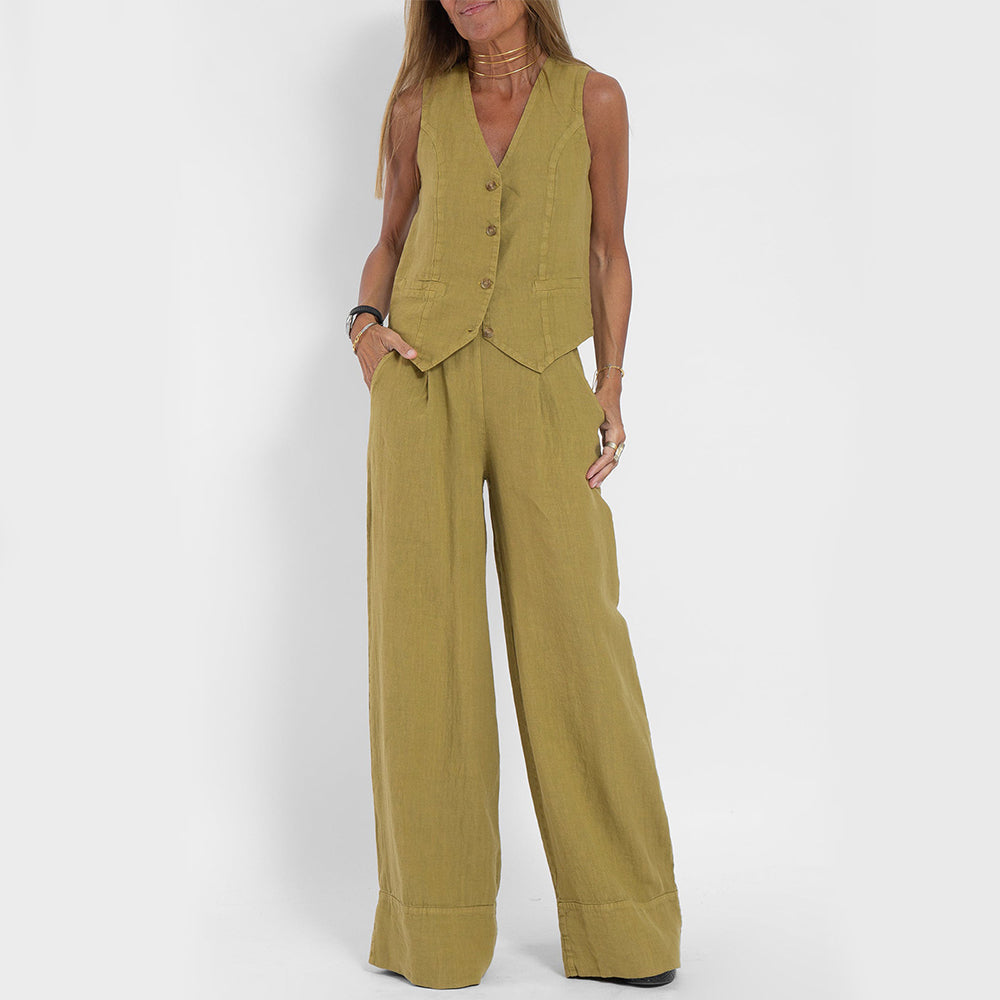 Summer Vest Suits V-neck Botton Sleeveless Top And Loose Straight Trousers Casual Womens Clothing What Else You Got?