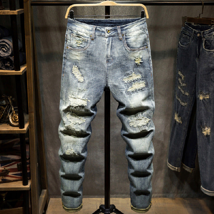 Men's Ripped Jeans – Korean Style Retro Blue Denim