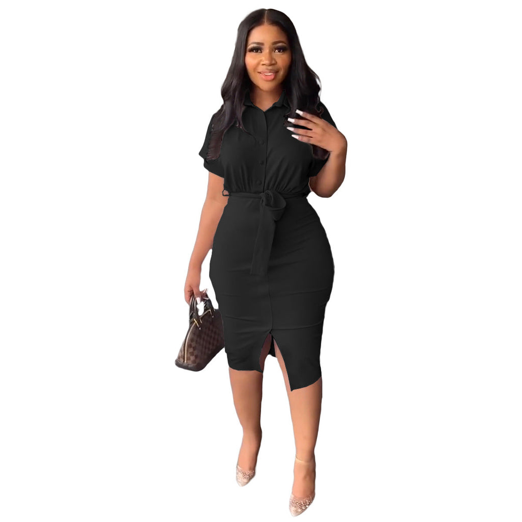 Spring And Summer Short Sleeve Split Shirt Dress With Belt What Else You Got?