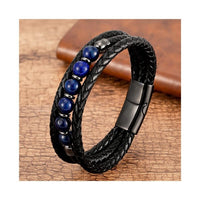 Men's Magnetic Tigereye Bead Bracelet - Stainless Steel & Leather Wellness Jewelry
