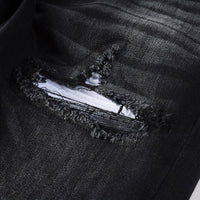Men's Classic Black Ripped Jeans - Vintage Stretch Denim, Mid-Rise Straight Fit (Black)