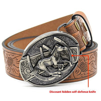 Christian Trendy Belt with Engraved Knife Buckle - Embossed PU Leather Belt for Men