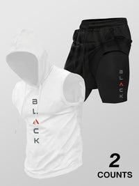 Running Fitness Printed Hooded Sleeveless Tank Top And Shorts Set
