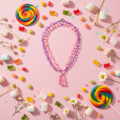 Y2K Gummy Bear Layered Necklace – Double Chain Acrylic Pendant 42 cm + 6 cm