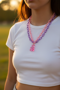 Y2K Gummy Bear Layered Necklace – Double Chain Acrylic Pendant 42 cm + 6 cm