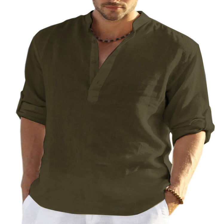 Men's Casual Cotton Linen Solid Color Long Sleeve Shirt Loose Stand Collar What Else You Got?