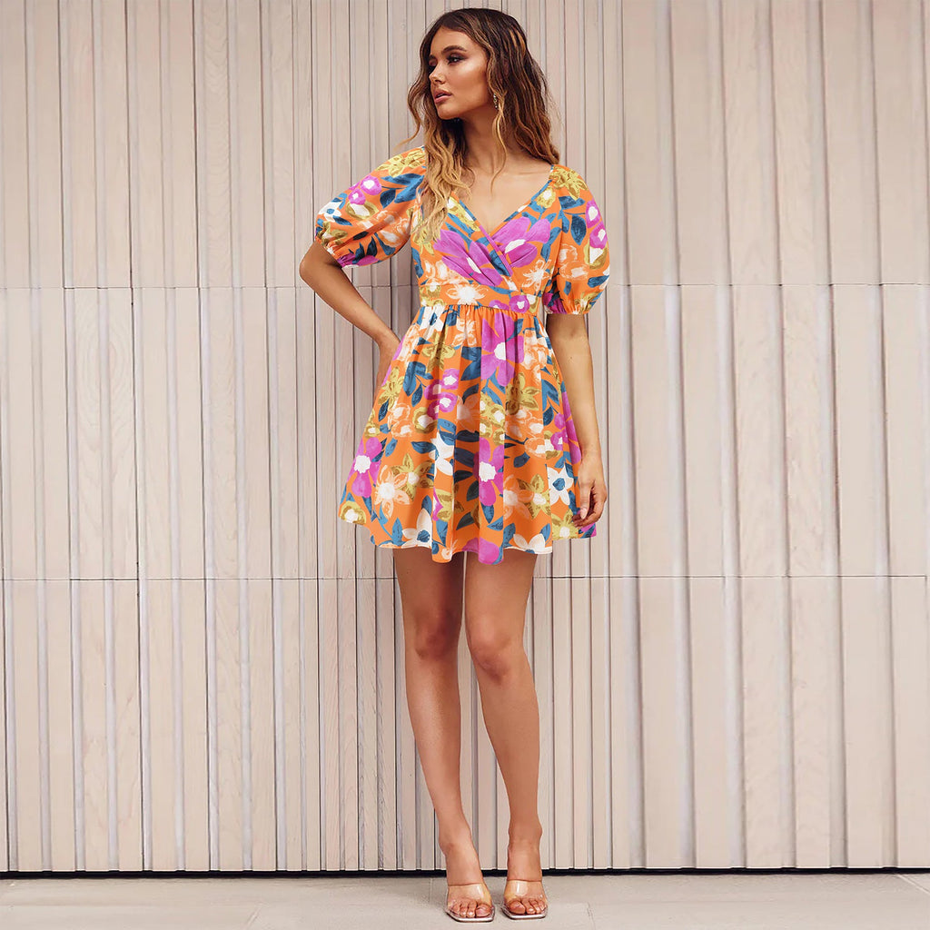 Flowers Print V-Neck Lantern-sleeve Dress Y2K Summer Vacation Beach Short Dresses Fashion Womens Clothing What Else You Got?