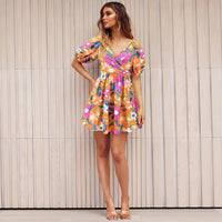 Blooming Beauty: Floral V-Neck Lantern Sleeve Dress