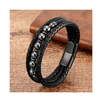 Men's Magnetic Tigereye Bead Bracelet - Stainless Steel & Leather Wellness Jewelry