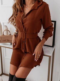 Elegant Lapel Long-Sleeve Belt Dress - Stylish Button-Down Christian Women's Fashion