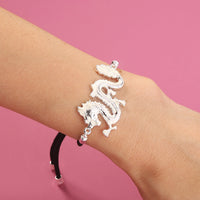Glow-in-the-Dark Silver Dragon Leather Bracelet – Adjustable Zinc Alloy Jewelry