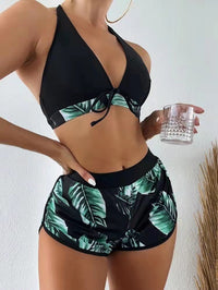 Tropical Leaf Print 3-Piece Bikini Set with Stylish Shorts Cover-Up