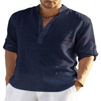 Men's Breathable Linen-Cotton Long Sleeve Shirt - Stand Collar Casual Wear for Spring & Summer
