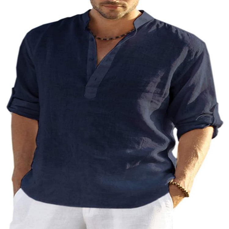 Men's Casual Cotton Linen Solid Color Long Sleeve Shirt Loose Stand Collar What Else You Got?