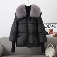 Women's Short Fur Collar Puffer Jacket - Warm Winter Coat with Faux Fur Trim