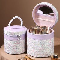 Elegant PU Cylinder Cosmetic Bag with Built-in Mirror - Travel & Vanity Organizer