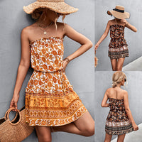 Vibrant Boho Floral Strapless Mini Dress – High Waist A-Line Beach Party Dress in Black & Orange