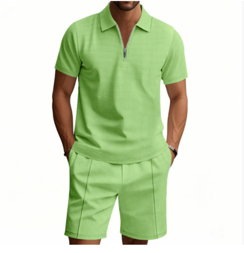 2Pcs Casual Waffle Suit Summer Zipper Lapel Short-sleeved Top And Drawstring Pockets Shorts Versatile Solid Color T-shirt Set For Mens Clothing What Else You Got?