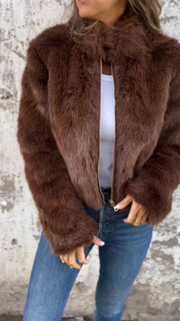 Cozy Faux Fur Jacket – Warm Winter Zip-Up Coat for Women | Plush Stand Collar Streetwear