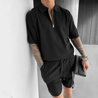Men's Summer Breathable Zipper Polo & Drawstring Shorts Set - Comfortable Casual Outfit