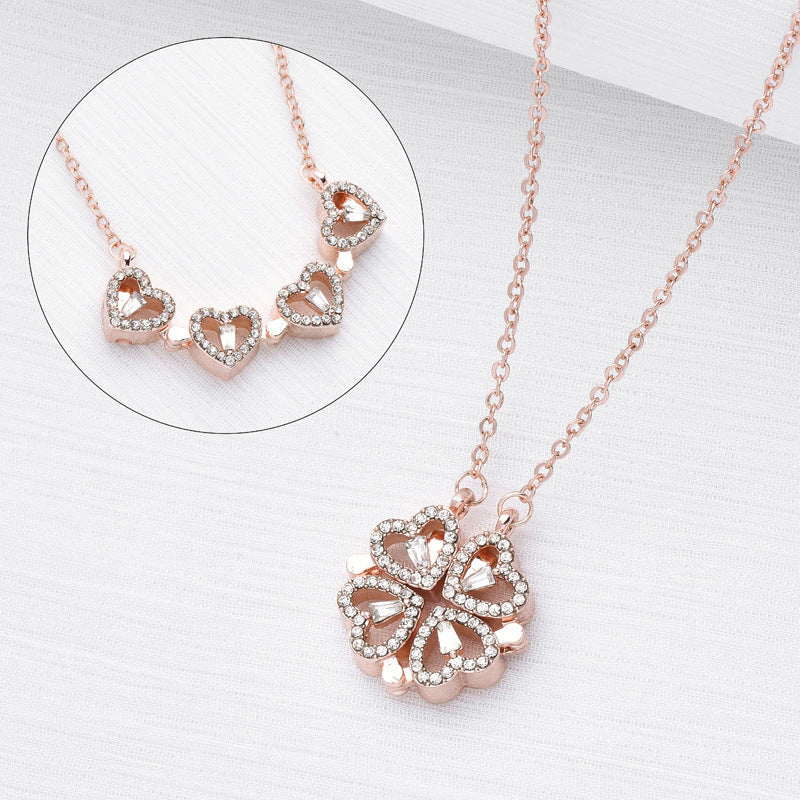 Retro Magnetic Folding Heart & Four‑Leaf Clover Pendant Necklace – 4‑in‑1 Openable Love Pendant Clavicle Chain What Else You Got?