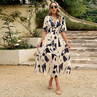 Elegant Seaside Grace Maxi Dress: V-Neck Printed Chiffon for Summer Vacations