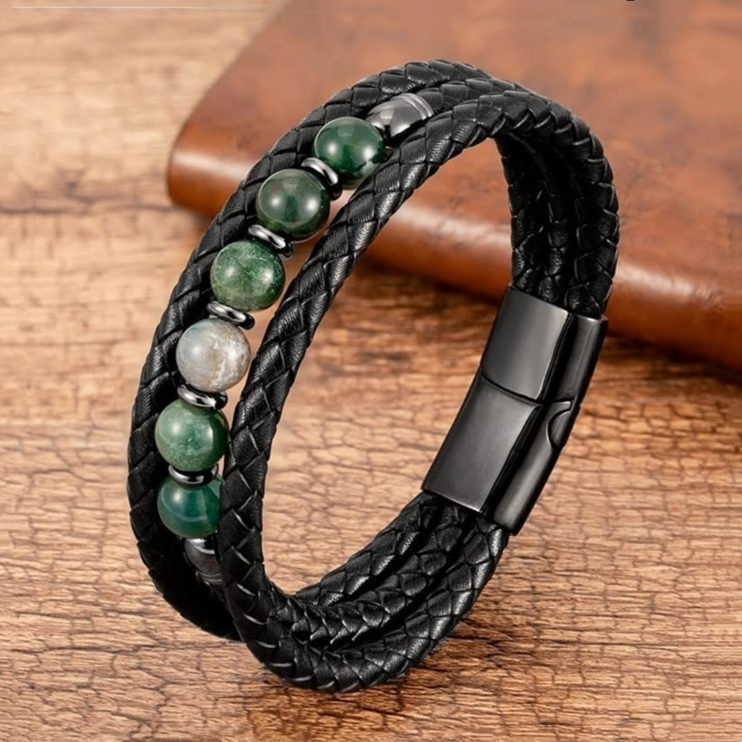 Men's Magnetic Tigereye Bead Bracelet - Stainless Steel & Leather Wellness Jewelry